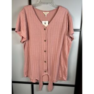 Weatherproof Vintage ~ Tie Front ~ SIZE LARGE ~ V-Neck ~ Braided Knit Top ~ PINK